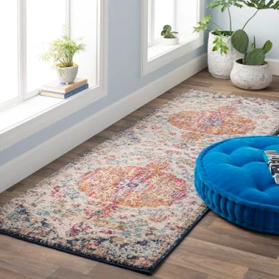 Image of Livabliss Asmara Vintage Rug Runner Rugs Living Room 80x220 cm, Hallway, Kitchen Area Traditional Multicoloured Boho Rug, Easy Care Bohemian Large Blue and Orange