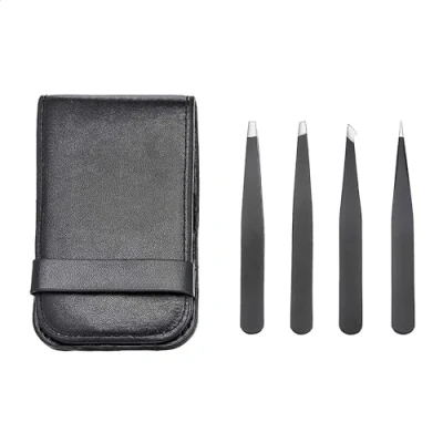 Image of Amazon Basics Set of 4 Pack Professional Stainless Steel Tweezers for Facial Hair, Eyelash, Eyebrow or Ingrown with Travel Case, Black (Previously AmazonCommercial brand)