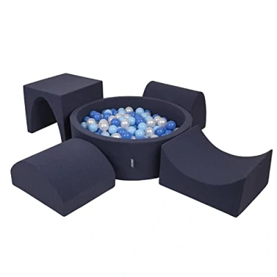 Image of KiddyMoon Foam Playground For Kids With Round Ballpit (200 Balls ∅ 7Cm/2.75In) Soft Obstacles Course And Ball Pool, Made In The EU, Darkblue:Babyblue/Blue/Pearl