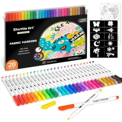Image of Shuttle Art Fabric Pens, 28 Colours Fine Tip Permanent Markers for Clothes, T shirt, Shoes with 11 Stencils 1 Sheet, Non toxic Marker Pens Kids Adult Painting Writing
