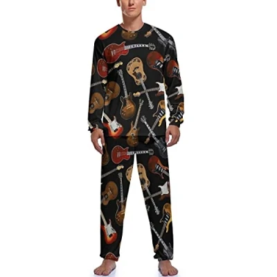 Image of Guitars Pattern Men&#039;s Pajamas Set Soft Sleepwear Sleep Loungewear PJs Sets L