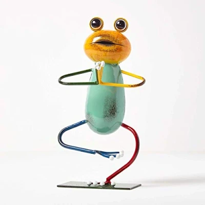 Image of HOMESCAPES Multi Coloured Metal Garden Frog Ornament in ‘Half Tree’ Yoga Position with Glossy Hand Painted Finish Handcrafted from 100% Iron Set on Green Base, 29 cm Tall