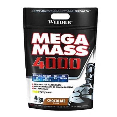Image of Weider Mega Mass 4000 (4kg) Chocolate Flavour, Gainer with High Content of Complex Carbohydrate Blend, for Energy and Muscle