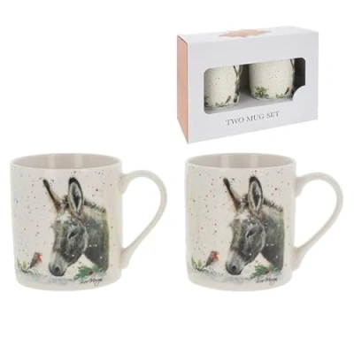 Image of Joe Davies Fine China Set of 2 Boxed Christmas Mugs Bree Merryn Donkey and Robin Design Cute Animal Themed Gift for Him/Her