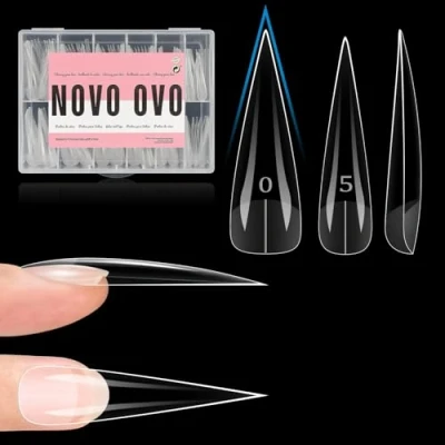 Image of NOVO OVO XXL Straight Sharp Stiletto Natural Nail Tips Press on (not Sculpted), Normal Thick Extra Long Soak Off Soft Gel Fake Extension, Full Cover False Nails for Acrylic 12 Sizes 240 pcs