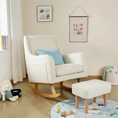 Image of Babymore Ida Nursing Chair With Footstool in Bouclé Elegant Rocking for Timeless Comfort Sturdy Wooden Legs, Gentle Motion, Supportive Back, Soft Fabric &amp; Stylish Armrests