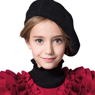 Image of Kids Wool Blend French Beret Hat Girls Boys Artist Classic Fashion Solid Warm Winter Autumn Beanie Cap Black