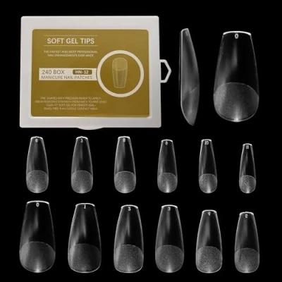 Image of UBRAVE Medium Coffin Nail Tips 240 Pcs/ 12 Sizes Matte Gel Kit, Soft Full Cover Tips,Extensions Break Resistant Pre Buff False Press On Nails,for Salons And DIY Salon