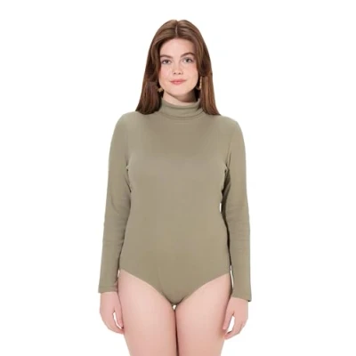 Image of Ulla Popken Womenswear Plus Size Curvy Eco Cotton Ribbed Knit Turtleneck Bodysuit Stone Gray 58+ 831838190