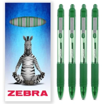 Image of Zebra Z Grip Smooth Ink Retractable Ballpoint Pen 1.0mm Nib Pack of 4 Pens In Gift Box Packaging (Green)