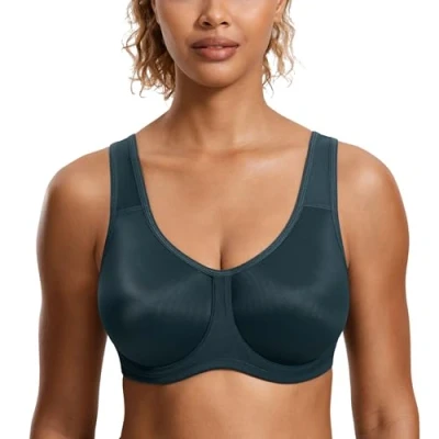 Image of SYROKAN Women&#039;s Max Control Solid High Impact Plus Size Underwire Sports Bra for Large Breasts Forest Dark Green 34D