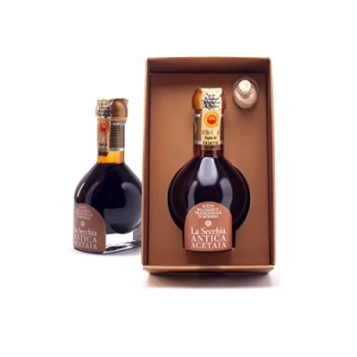 Image of La Secchia &quot;Extra Vecchio&quot;, Traditional Aged Balsamic Vinegar of Modena DOP, minimum 25 Years Old, 100 ml Bottle Italian Balsamico With Gift Box and Blown Glass Dispenser