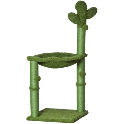 Image of PawHut Cactus Cat Tree Tower for Indoor Cats Sisal Scratching Post with Hammock Bed Dangling Ball 40 x 96 cm