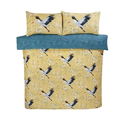 Image of Rapport Home Crane Birds Kingsize Bedding: Luxurious Reversible Microfibre Duvet Cover Set in Ochre with 180 Threadcount