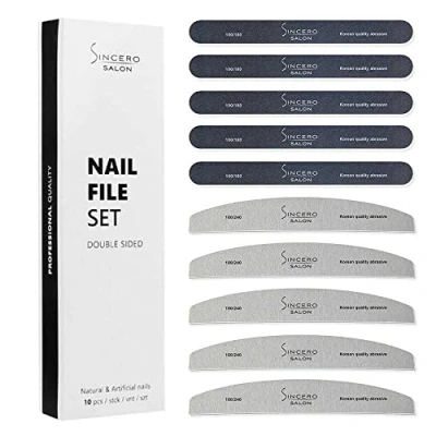 Image of Sincero Salon Nail Files Professional 10pcs File 180/240 100/180 Grit For Acrylic and Gel Nails Manicure Tools Emery Boards Set