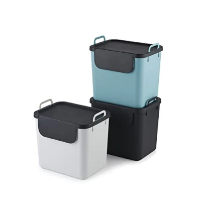 Image of Jive Mülltrennsystem Set of 3 waste separation system 30l for the kitchen, Plastic (PP recycled), dark grey/white/turquoise, x (39.8 29.8 50.1 cm)