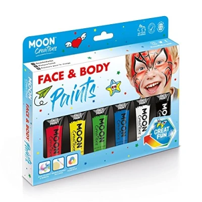 Image of Moon Creations Face &amp; Body Paint Tubes Primary Boxset 12ml Ready to Use No Flake Cruelty Free, Made in UK for Kids, Adults, Fancy Dress, Festivals, Halloween More