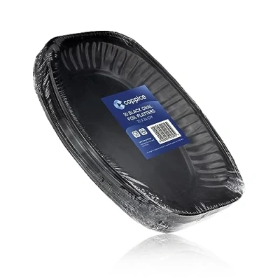 Image of Coppice Black Oval Aluminium Foil Platters for Parties, Buffets &amp; Entertaining 35cm x 24cm Food Safe 10 Pack