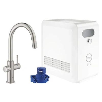 Image of GROHE Blue Professional Duo Kit Kitchen Mixer Tap for Filtered, Chilled and Sparkling Water (High Swivel C Spout with Pull Out Spray Head), Stainless Steel Look Includes Cooler Unit 31325DC2