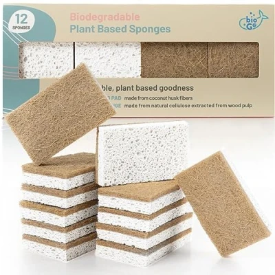 Image of bioGo White 12 Pack Biodegradable Kitchen Sponges Eco Friendly, Compostable, Natural Cellulose Dish Compostable Sponge Washing Up