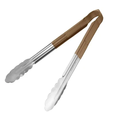 Image of Hygiplas Pro Grade Kitchen Serving Tongs 300mm, Brown Colour Coded For Use With Vegetables, Stainless Steel, Vinyl Coated Handles CB156