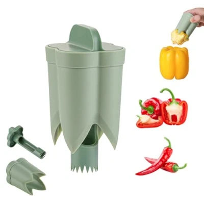 Image of Pepper Seed Corer Remover, Corer, 2 in 1 Bell Peppers Core Jalapeno Green for BBQ, Fruit Cutter Kitchen Home (Green)