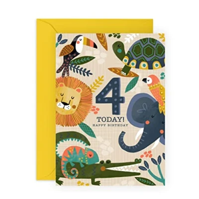 Image of Central 23 4th Birthday Card Boy Son Happy Four Year Old Cute Safari Animals Greeting Cards For Kids Elephant Turtle Lion Chameleon Comes With Stickers