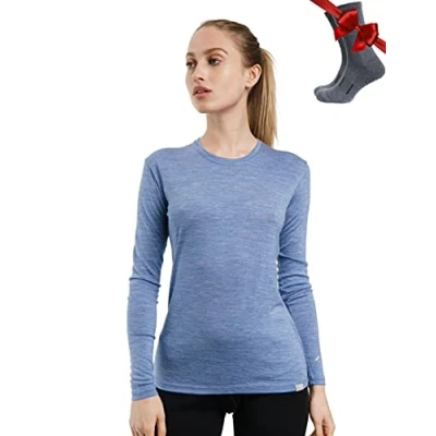 Image of Merino.tech Merino Wool Base Layer Women 100% Lightweight Long Sleeve Thermal Shirts + Socks (Large, 165 Deep Blue)