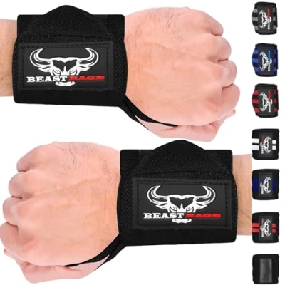 Image of BEAST RAGE Weight Lifting Straps Wrist Wraps Fitness Padded Cotton Support Gel Advanced Grips Dumbbell Bar Heavy Duty Gym Bodybuilding Power Deadlift Barbells (Black 1 Wraps)