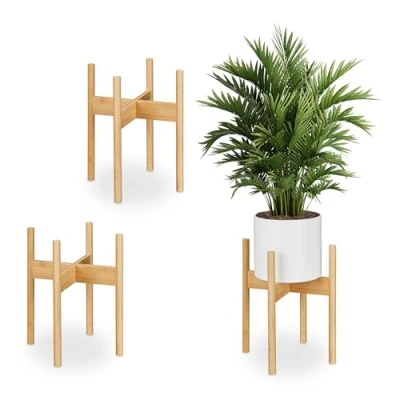 Image of Relaxdays Plant Stand, Set of 3, Bamboo, Flowerpot Holder, up to Ø: 29 cm, Indoor Home Decor Accessory, Natural, XL