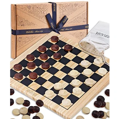 Image of Draughts Board Game by Jaques of London Traditional 12 “ with Deluxe Checkers Pieces Wooden Games for Adults and Kids Since 1795