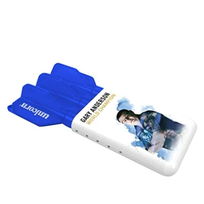 Image of Unicorn Gary Anderson Slider Darts Case Holds 1 Fully Loaded Set of Adjustable to 160mm Long Blue &amp; White Lanyard Carabiner