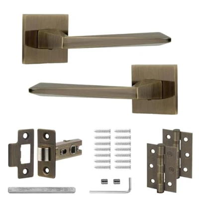 Image of Decoranddecor Antique Brass Door Handles Internal Aluminium Handle Sets for Wooden Interior Doors &amp; Fire Rated Tubular Latch and Hinge Leda Range