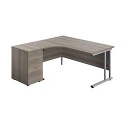 Image of 1600x1200 Twin Left Hand Radial Desk Grey Oak Silver + High Ped