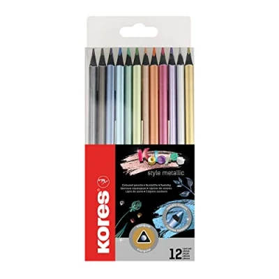 Image of Kores Metallic Kolores Style Metallic, Black Wood 12 Triangular Shape Colouring Pencils Coloured with Soft Lead, Set of Assorted in Plastic Case
