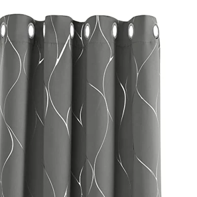 Image of Deconovo Eyelet Blackout Curtains, Thermal Insulated Silver Wave Line Foil Printed Ring Top Curtains for Kids Bedroom, 46 x 72 Inch(Width Length), Light grey, 2 panels