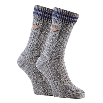 Image of Farah 2 Pack Mens 1920 Cable Knit Thick Cotton Warm Ribbed Boot Dress Socks with Turn Over Top (6 11 uk, 06 Slate/Medieval Blue)