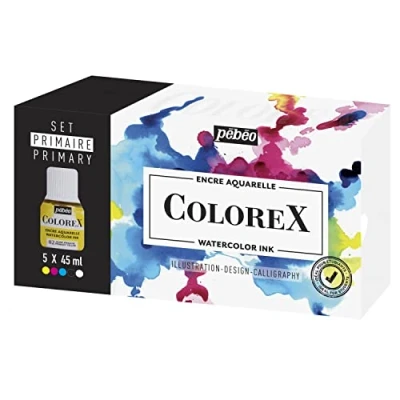 Image of Pebeo Box 5 Bottles 45 ml Assorted Manga Drawing &amp; Illustration Kit Essential Colorex Watercolour Ink Primary Colours Cyan, Magenta, Yellow, Black and White, Détails en Description, Non Applicable
