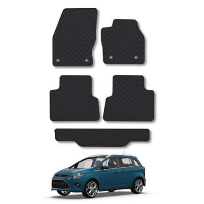 Image of Rubber Car Mats Compatible with Ford Grand C Max (2011 2019) Tailored Fit Floor Set Accessory Black Custom 4 Pieces Clips Anti Slip Backing, Heavy Duty &amp; Waterproof
