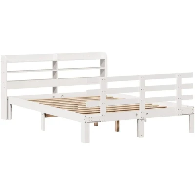 Image of vidaXL Bed Frame with Headboard Base White, Solid Wood Pine 120x200 cm, Modern Double Storage Shelves, Freestanding Headboard, Plywood Slats for Bedroom