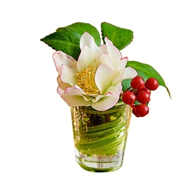 Image of BLOOM Artificial White Red Hellebore Flower Arrangement Faux Silk Flowers That Look Real, Indoor Home Table Decoration Centrepiece, Fake Realistic Lifelike Plant, Vase Included