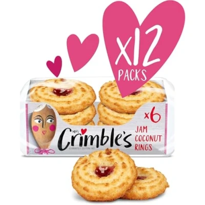 Image of Mrs Crimble&#039;s Gluten Free Big Jam Coconut Rings, Premium Quality &amp; Certified from Gluten, Wheat Vegetarian Friendly, 12 Packs of 6 (6 x 240g Multi Pack)
