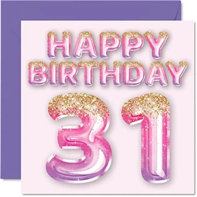 Image of 31st Birthday Card for Women Pink &amp; Purple Glitter Balloons Happy Cards 31 Year Old Woman Friend Sister Mum Auntie, 145mm x Thirty One First Bday Greeting Gift