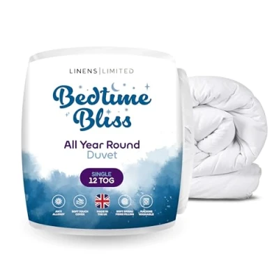 Image of Linens Limited Single Duvet 12 Tog, Bedtime Bliss, All Year Round Quilt, Soft and Comfy, Hollowfibre, Machine Washable (White)