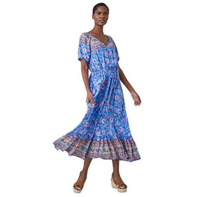 Image of Roman Womens Floral Print Keyhole Maxi Dress Blue Size 12 UK