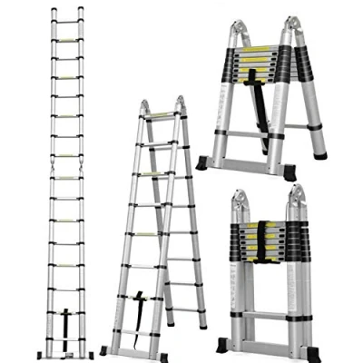 Image of Telescopic Loft Ladder 5M Extendable Collapsible Fold Step Ladders Securing Bolt 16.5ft Multi Purpose Folding Aluminium Extension A Shape Length (2.5M+2.5M)