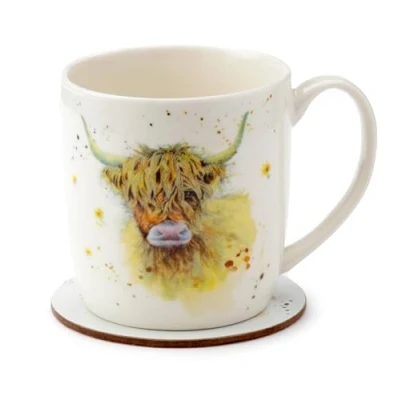 Image of Puckator Jan Pashley Highland Coo Cow Porcelain Tea Coffee Mug &amp; Coaster Set Funny Home Accessories Cute Gifts for Girlfriend Large Mugs Men Women Hot Drinks Cups Presents Secret Santa Gift