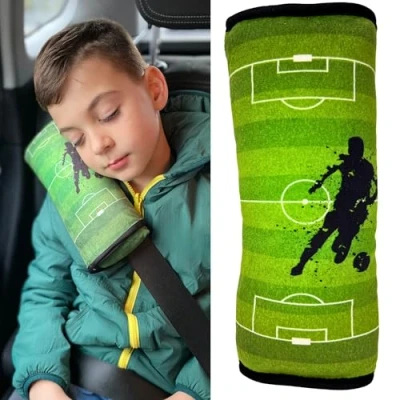 Image of HECKBO football soccer car seatbelt pillow for children machine washable girl boy kids soft seat belt cover sleeping pillows protection travel cushion vacation