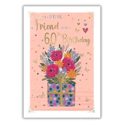 Image of ICG Special Friend Female 60th Birthday Card Age 60 Floral Present with Stars and Butterflies. Embossed a Foil Finish