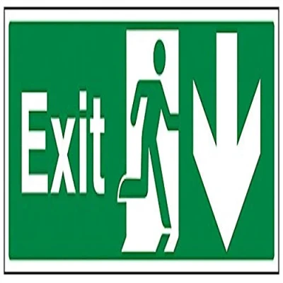 Image of V Safety Exit Arrow Down Sign 450mm x 150mm Self Adhesive Vinyl